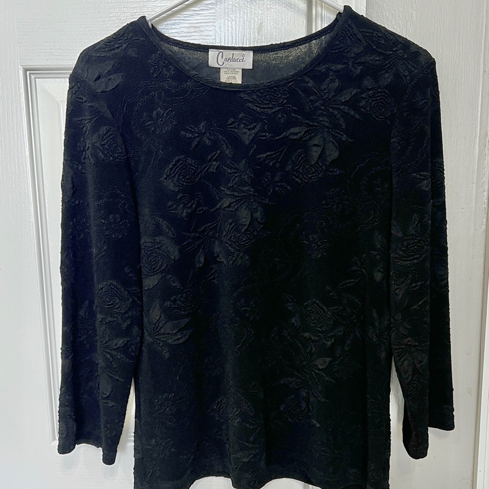 Women’s Black Long Sleeve Blouse Size L Holiday Party Elegant Dressy Evening Top